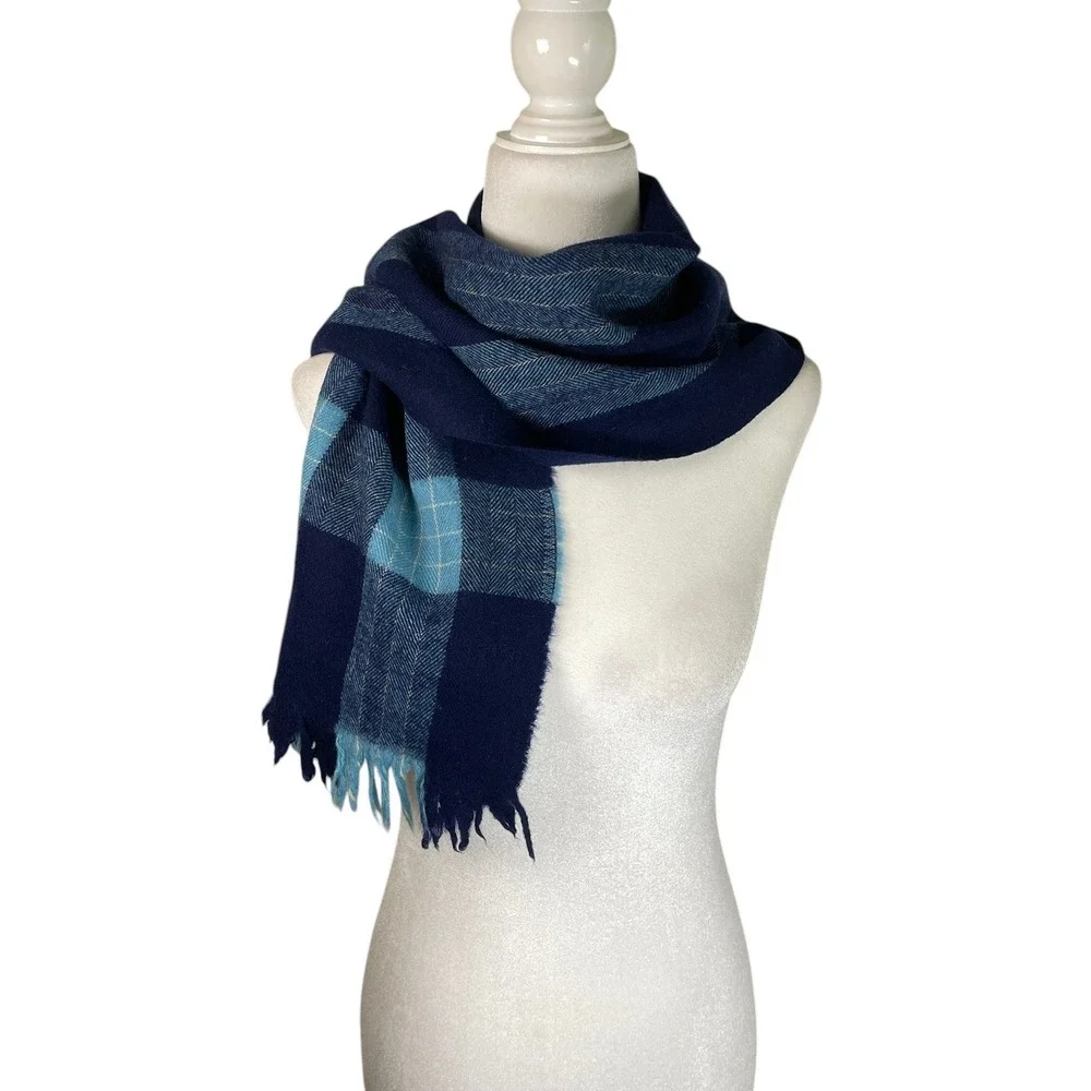 Botany Scarf OS VTG Blue Plaid Herringbone 100% Wool Made in USA Preppy Heritage